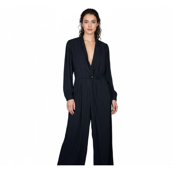 Vtg Calhoun Jumpsuit sz 7/8 Black Wide Leg Tapered Low Neckline Retro Draped 80s - Picture 1 of 10